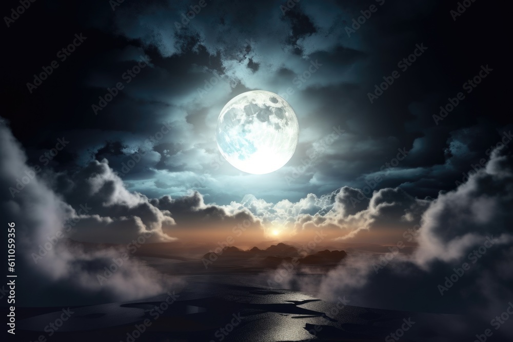 Wall mural abstract and surreal landscape with moonlight shining through the clouds, created with generative ai