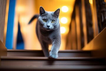 Lifestyle portrait photography of a cute russian blue cat hopping against a decorative staircase. With generative AI technology - obrazy, fototapety, plakaty