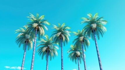 A row of palm trees against a blue sky. Palm trees against blue sky photo realistic. Created with Generative Ai Technology