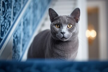 Lifestyle portrait photography of a cute russian blue cat hopping against a decorative staircase. With generative AI technology