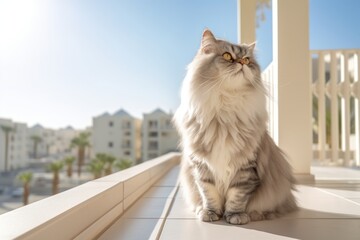 Medium shot portrait photography of a funny persian cat kneading with hind legs against a sunny balcony. With generative AI technology