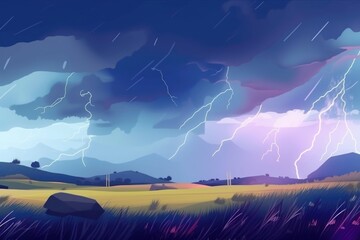 abstract landscape with stormy skies, lightning and rain, created with generative ai