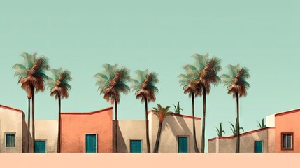 Fototapeta na wymiar A row of palm trees in front of a white building. Palmeras simple background. Created with Generative Ai Technology