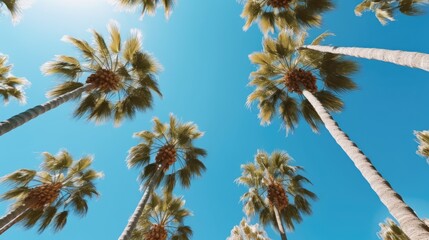 Obraz premium A group of palm trees with a blue sky in the background. Palm trees against blue sky photo realistic. Created with Generative Ai Technology