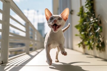 Medium shot portrait photography of a smiling devon rex cat running against a sunny balcony. With generative AI technology