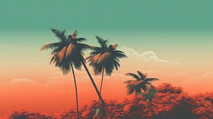 Obraz na płótnie Canvas A painting of two palm trees in front of a sunset. Created with Generative Ai Technology