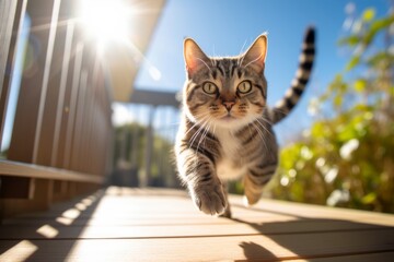 Environmental portrait photography of a happy manx cat leaping against a sunny balcony. With generative AI technology