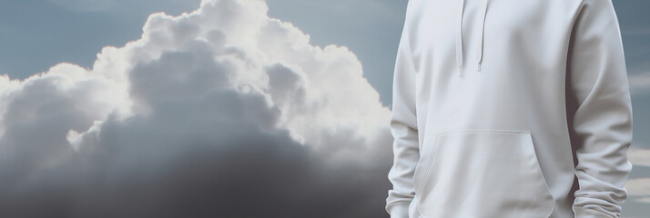 Beautiful e commerce photograph of a white hoddie with cloud design in the center of it, banner, generative AI