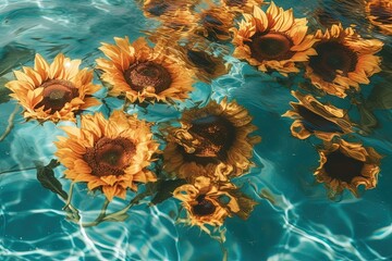 Top view photo of sunflowers floating on a pool blue water surface with sunlight. Created with Generative Ai Technology