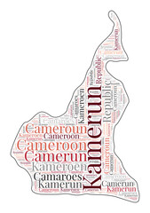 Cameroon shape filled with country name in many languages. Cameroon map in wordcloud style. Creative vector illustration.
