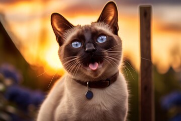 Studio portrait photography of a smiling siamese cat growling against a captivating sunset. With generative AI technology