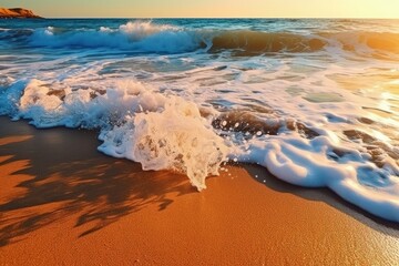 A sandy beach with waves under sunset lighting. Beautiful natural beach. Created with Generative Ai Technology