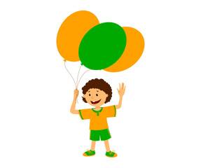 Happy boy with balloons cheerfully waves his hand. A child in orange and green clothes. Children's holiday.