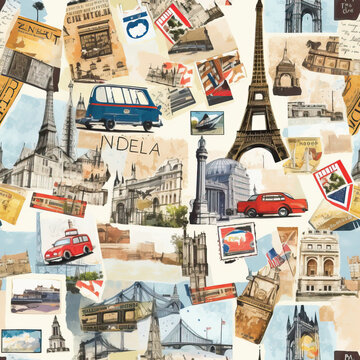 Travel themed collage scrapbook moodboard seamless repeat pattern [Generative AI]
