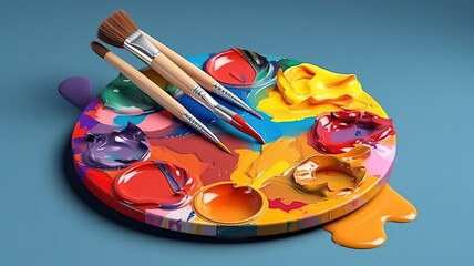 Obraz premium 3d art palette with brush on blue, Bright color. Generative Ai
