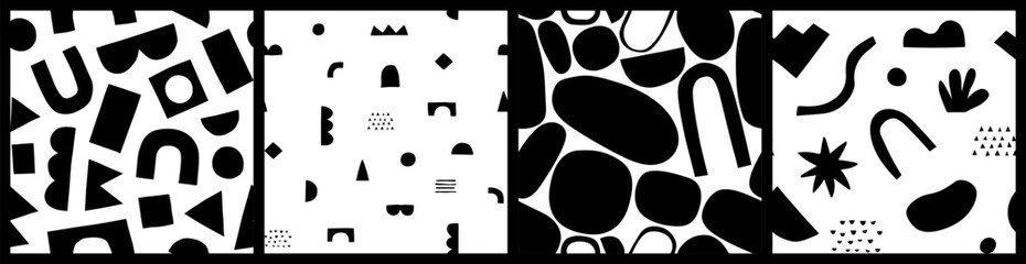 Abstract organic shape seamless pattern with black and white geometric doodles. Flat cartoon background, simple random shapes print texture. 