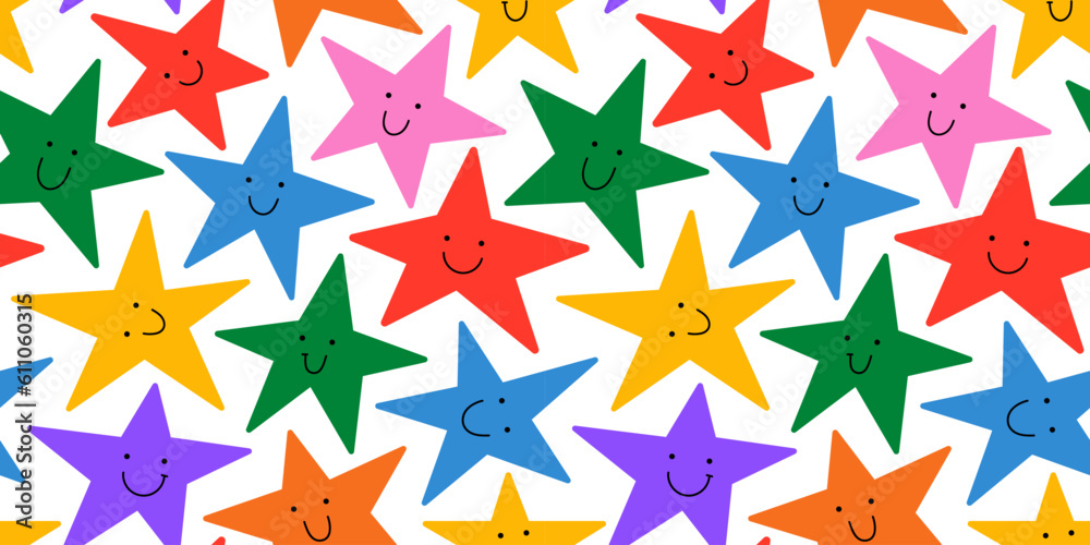 Wall mural colorful rainbow star seamless pattern illustration with funny smiling face. diverse celebration bac