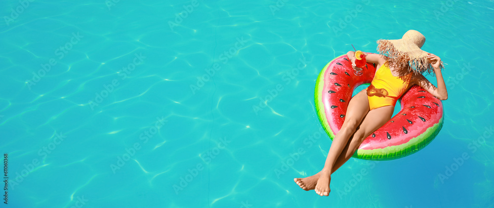 Sticker beautiful young woman relaxing on inflatable ring in swimming pool. banner for design