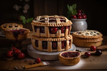 Obraz na płótnie Canvas stack of cherry pies, each with different design and decoration, created with generative ai