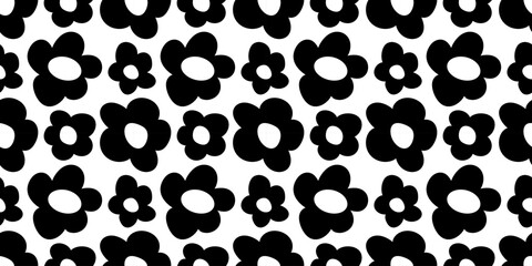 Fototapeta na wymiar Black and white floral seamless pattern illustration. Vintage 70s style hippie flower background design. Y2k nature backdrop with daisy flowers. 