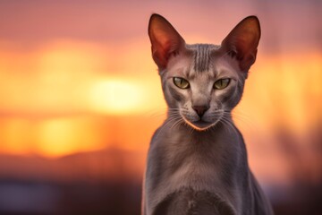 Fototapeta premium Group portrait photography of a curious oriental shorthair cat begging for food against a captivating sunset. With generative AI technology