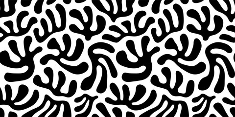 Abstract black and white leaf shape seamless pattern. Trendy contemporary nature art cutout background illustration. Natural organic plant leaves artwork wallpaper print. Vintage summer texture.
