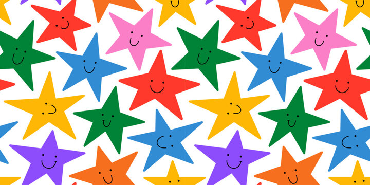 Colorful rainbow star seamless pattern illustration with funny smiling face. Diverse celebration background print. Birthday event, holiday backdrop texture, party design.	