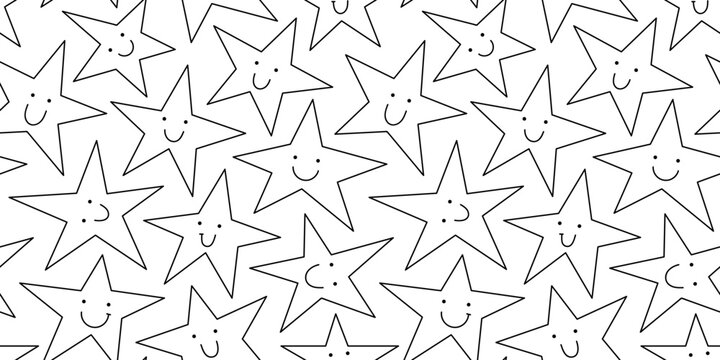 Black and white star line doodle seamless pattern illustration with funny smiling face. Celebration background print. Birthday event, holiday backdrop texture, party design.	