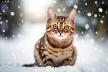 Medium shot portrait photography of a smiling bengal cat kneading with hind legs against a snowy winter scene. With generative AI technology