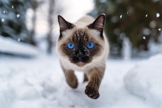 Close-up portrait photography of a cute siamese cat pouncing against a snowy winter scene. With generative AI technology