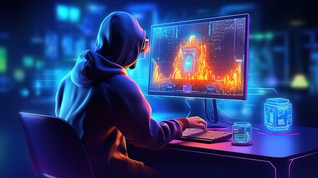 Office woman, digital overlay and night with computer, it vision or cyber security mockup. Generative Ai
