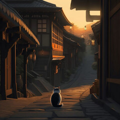 Cat watching the sunset on an old street in Japan