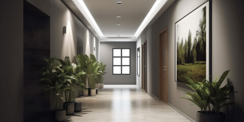 Modern corridor interior in apartment building or hotel with green plants in pots on floor and picture on wall. Generative AI.