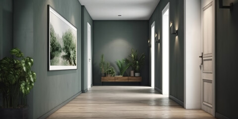 Fototapeta premium Corridor interior with green walls in modern apartment. Generative AI.