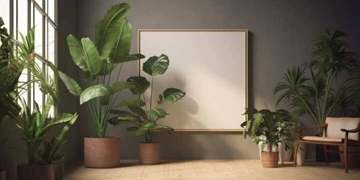 Interior design with a lot of green plants and empty picture mock-up hanging on wall. Generative AI.