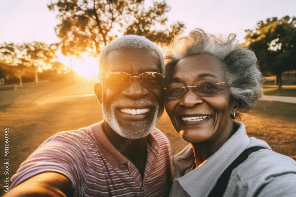 Wall mural happy diverse elderly couple taking selfie during sunset in park. generative ai.