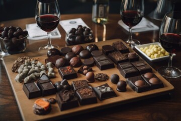 array of different chocolates, with wine pairing suggestions for each, created with generative ai