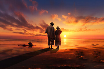Silhouette of elderly couple on beach at sunset with space for text. Generative A.