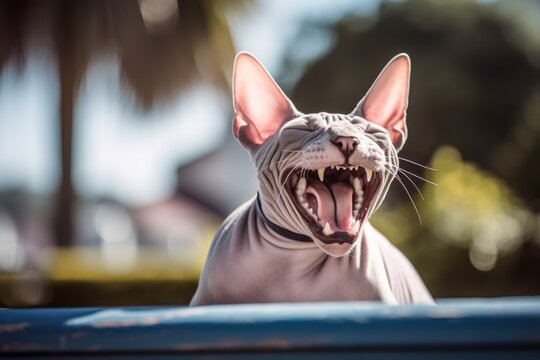 Close-up portrait photography of a smiling sphynx cat yawning against a picturesque park bench. With generative AI technology