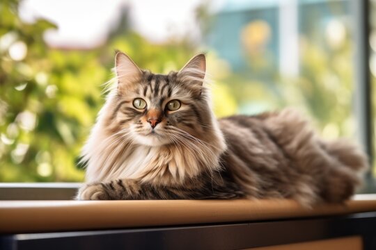 Lifestyle portrait photography of a funny siberian cat window watching against a picturesque park bench. With generative AI technology