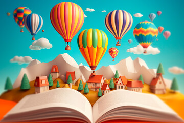 An open book with some hot air balloons in a landscape. Generative AI