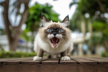Naklejka na ściany i meble Medium shot portrait photography of a smiling balinese cat pouncing against a picturesque park bench. With generative AI technology
