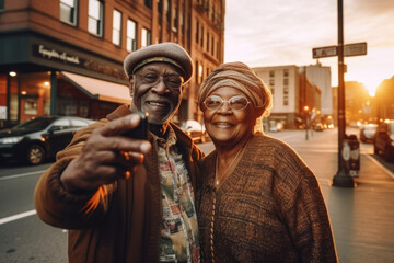African american elderly couple taking selfie on street. Generative AI.
