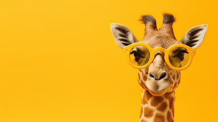Cute giraffe in trendy yellow glasses, isolated on yellow background with copyspace. Generative AI - obrazy, fototapety, plakaty