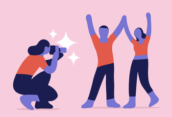 Vector illustration of a happy couple being photographed by a woman with camera