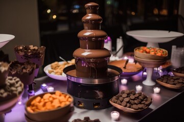chocolate fountain in the center of a party, surrounded by plates and napkins, created with generative ai
