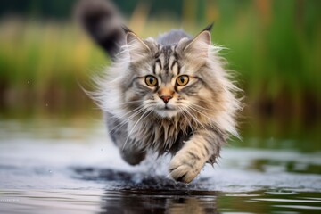 Fototapeta premium Environmental portrait photography of a funny siberian cat pouncing against a tranquil lake. With generative AI technology