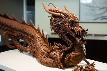 chocolate sculpture of a dragon, with intricate details and flowing lines, created with generative ai