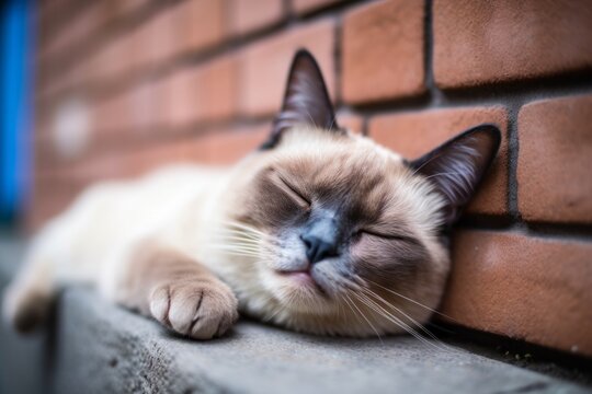 Lifestyle portrait photography of a smiling siamese cat sleeping against a classic brick wall. With generative AI technology