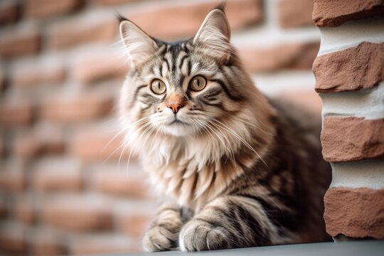 Lifestyle portrait photography of a curious siberian cat exploring against a classic brick wall. With generative AI technology